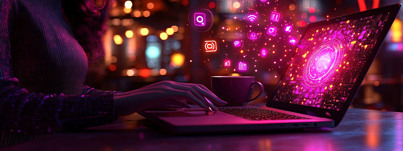 Person typing on a laptop, social media notifications popping up, coffee cup beside, bright café lighting